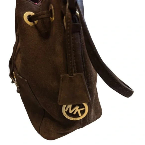 Michael Kors Brown Suede Leather Trim Bucket Shoulder Bag Drawstring Tote VTG
